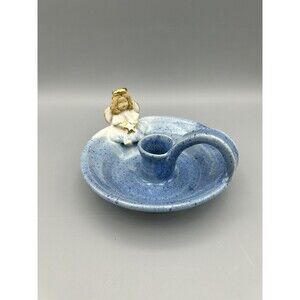 Stoneware Pottery Christmas Angel w/ Spaghetti Hair Chamber Stick Candle Holder